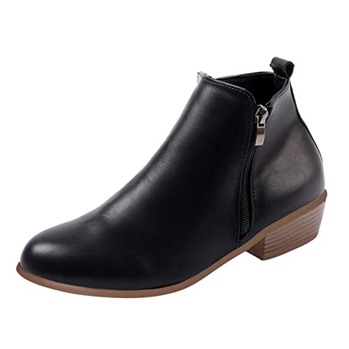 IQYU Schwarze Damen 39 Stiefeletten Chunky Heel Low Heel Seitlicher Reißverschluss Leopardenmuster Lässig Bequem Damen Schuhe Für Einlagen Weite H (Black, 39) von IQYU