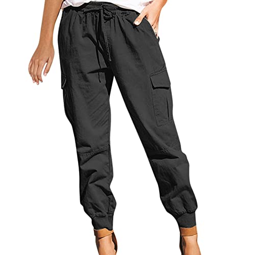 IQYU Schwarze Stoffhose Damen Elegant Arbeitshose Stretch Sommer Freizeithose Bequeme Weich Vintage Sommerhose Esprit Luftig Berufskleidung Sporthose High Waist Gerades Bein Damen-Hosen von IQYU