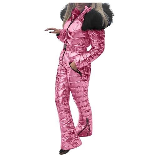 IQYU Skianzug Damen Einteiler Warm Schneeanzug Wasserdicht Schneeoverall Mit Fellkapuze Gürtel Snowboardjacke Lang Skijacke Thermo-Skibekleidung Warme Schnee-Jacke Skifahren Sätze Outdoor Jumpsuit von IQYU