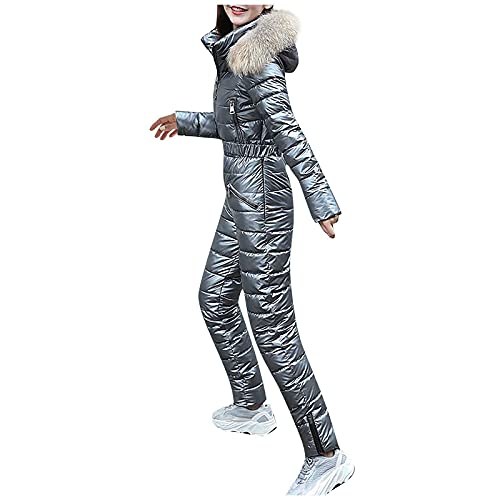 IQYU Skianzug Damen Einteiler Warm Schneeanzug Wasserdicht Schneeoverall Mit Fellkapuze Gürtel Snowboardjacke Lang Skijacke Thermo-Skibekleidung Warme Schnee-Jacke Skifahren Sätze Outdoor Jumpsuit von IQYU