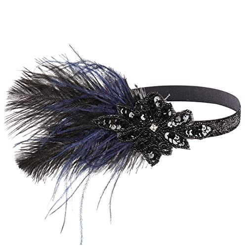 IQYU Sportstirnbänder Damen Breit Frauen 1920er Flapper Stirnband Schwarz Feder Kopfschmuck Strass Haarband Cocktail Zubehör für Frauen Kopftücher Herren (Black, One Size) von IQYU