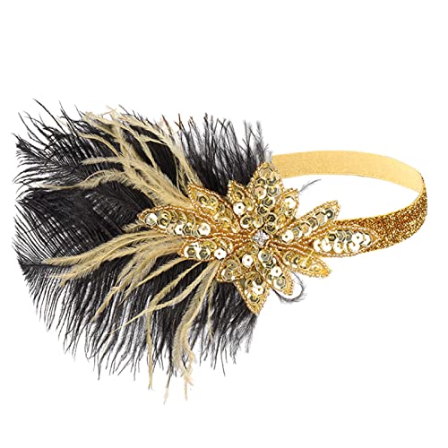 IQYU Sportstirnbänder Damen Breit Frauen 1920er Flapper Stirnband Schwarz Feder Kopfschmuck Strass Haarband Cocktail Zubehör für Frauen Kopftücher Herren (Gold, One Size) von IQYU