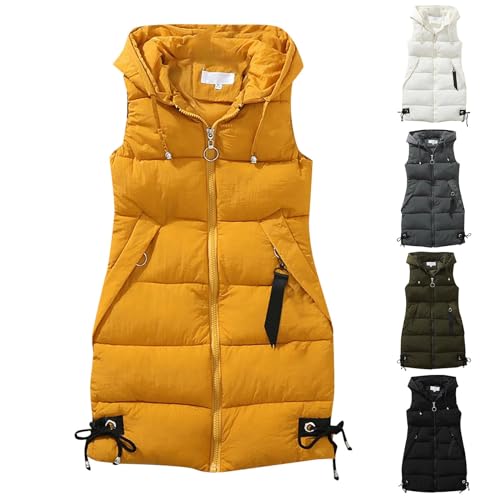 IQYU Steppweste Damen Lang Große Größen Mit Kapuze Longweste Große Größen Kapuzenjacke Ärmellos-Daunenmantel Warm Wintermantel Locker Übergangsweste Ärmellos Weste Lange-Steppweste Outdoorjacke von IQYU