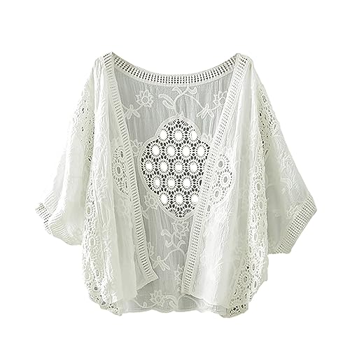 IQYU Strickjacke Damen Kurz Baumwolle-Dünne-Sommerjacke Bolero Festliche Kurze Elegante Strickjacke Leicht Kurzarm Sommerjacke Party Hochzeit Aushöhlen Cardigan Jacke Stricken Strickweste von IQYU