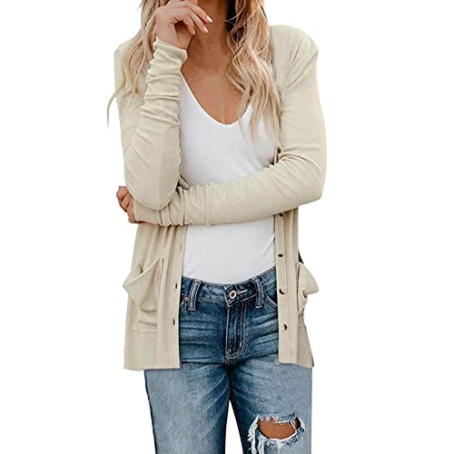 IQYU Strickjacke Damen Kurz Feinstrick - FrüHlingsjacke Damen Elegant Kurz-üBergangsjacke Langarm Strickmantel Leichte Damen-Jacken Mit Taschen FrüHling Sommer Strickjacken Mit KnöPfe Strickcardigan von IQYU