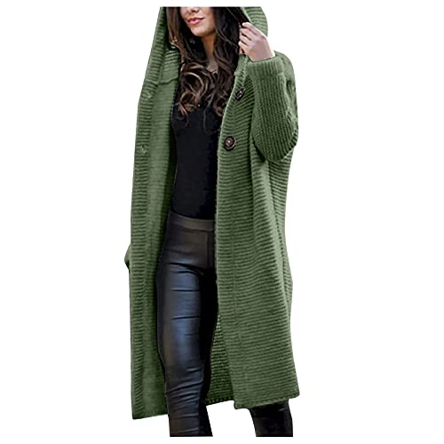 IQYU Strickjacke Damen Lang Mit Kapuze Und Knöpfen Warm - Strickmantel Damen Lang Grobstrick-Cardigan Langarm Strickpullover Herbst Winter Damenjacke Übergangsjacke Lange Strickjacken-Strickcardigan von IQYU