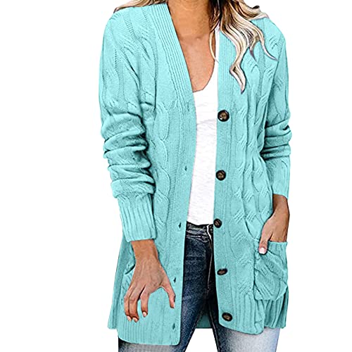 IQYU Strickjacken Für Damen Lang Mit Knöpfen Strickmantel Grobstrick-Pullover Mit Taschen Damen-Strickjacke Mit Zopfmuster Grobstrickjacke Grobstrick Baumwolle Bolero Jacke Schulterjacke von IQYU