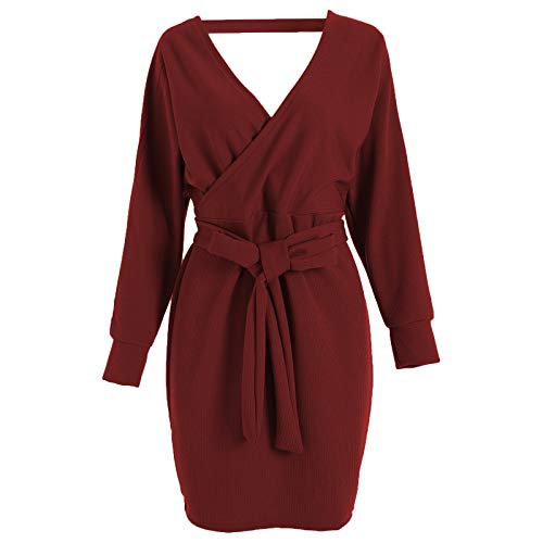 IQYU Strickkleid Damen Herbst Eng Pulloverkleid V-Ausschnitt Wickelkleid Elegant Langarm Strickkleider Sexy Winterkleid Herbst HüFtkleid Bodycon Bleistiftkleid- Weihnachtskleid- Pullikleid von IQYU