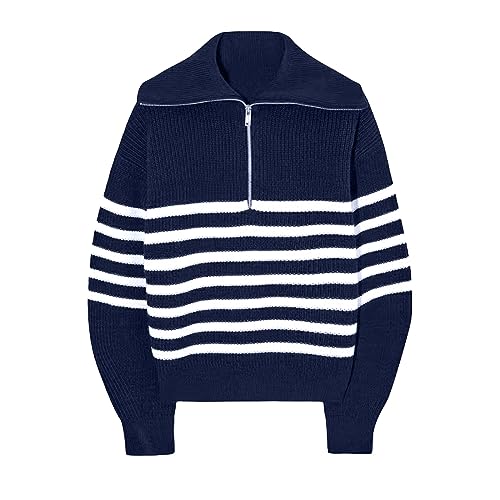 IQYU Strickpullover Damen Gestreift - Pullover Damen Herbst Strick-Pullover Warm Strickpulli Mit Reißverschluss Winterpullover Vintage Sweater Teenager Mädchen Y2K Pulli Sweatshirt/Grobstrickpullover von IQYU