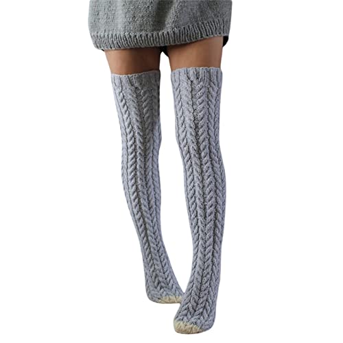 IQYU Strümpfe Längsstreifen Oberschenkelhohe Stiefelsocken mit Zopfmuster für Damen, extra Lange Winterstrümpfe über den Knien Socken Damen Schwarz Kurz (Grey, One Size) von IQYU