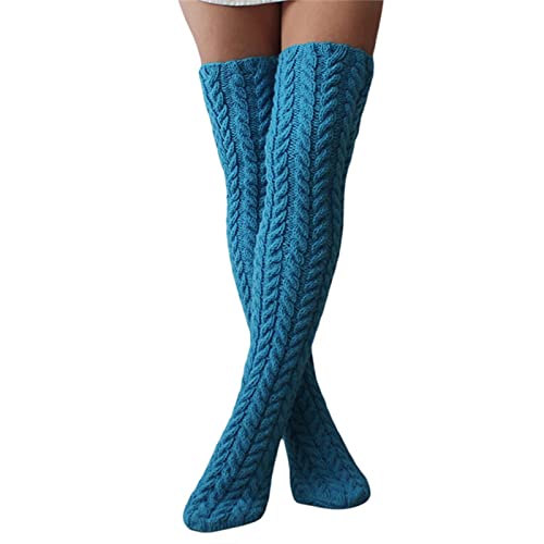 IQYU Strümpfe Längsstreifen Oberschenkelhohe Stiefelsocken mit Zopfmuster für Damen, extra Lange Winterstrümpfe über den Knien Socken Damen Schwarz Kurz (Light Blue, One Size) von IQYU