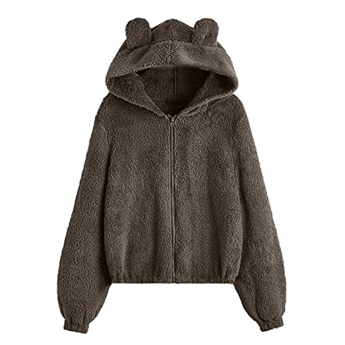 IQYU Teddyfell Jacke Damen Mit Ohren: Hoodie Damen Langarm Flauschig Warm Cute Kapuzenpullover Elegant Pullover Frauen PlüSch-Fleece-Teddyjacke Pulli BäR Tops Sweatshirt Hoodie Jacke MäNtel von IQYU