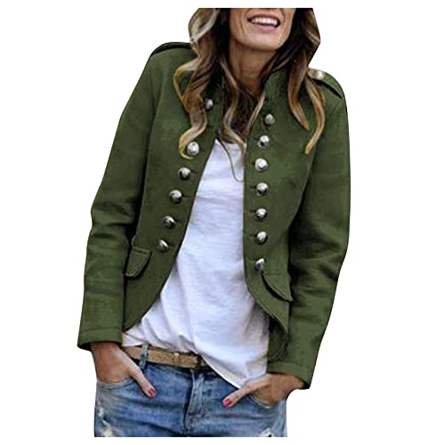 IQYU Trachtenblazer Damen Stehkragen: Trachtenjacke Damen Grün Sweatblazer Elegant Anzugjacke Mit Knopfleiste Kurzblazer Military-Blazer Slim Fit Blazerjacke Herbst Übergangsjacke Business Büro Jacke von IQYU