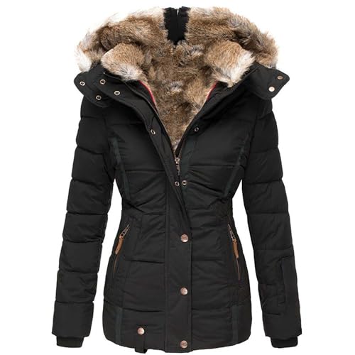 IQYU Winterjacke Damen Warm Gefüttert Mit Fell - Steppjacke Damen Übergangsjacke Winter Outdoorjacke Kunstfell Winterparka Große Größen Wintermantel Mit Kapuze Steppjacke/Wanderjacke/Motorradjacke von IQYU