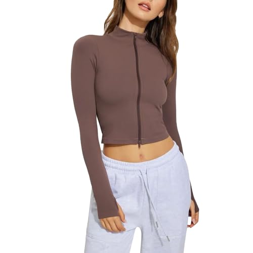 IQYU Yoga Jacke Damen Cropped - Sportjacke Damen Dünn Leicht Sommer Laufjacke Kurz Eng Langarmshirts Full Zip Sweatjacke Slim Fit Trainingsjacke Gym Fitness Jacke Running-Jacken Sportoberteil von IQYU