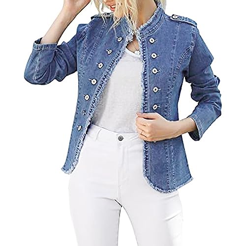 Jeans-Sweatblazer Damen Blau - Jeansjacke Stretch Damen Weich Kurz Übergangsjacken Tailliert Jeansjacken Zweireiher Stehkragen Jeansblazer Elegant Kurzblazer Oversize Kurzmantel Herbst-Damenjacken von IQYU