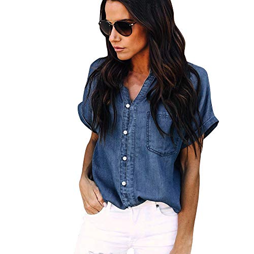 Jeanshemd Damen Kurzarm - T-Shirts FüR Damen Hemdbluse Mit KnöPfe Damenblusen Sommer Elegant Oberteile V-Ausschnitt Sommerbluse Tailliert Jeansjacke - Jeansbluse - Shirt Arbeiten Casual Shirts Tops von IQYU