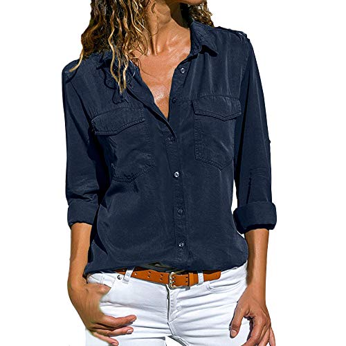 Jeanshemd Damen - Tunika Damen Langarm Elegant Bluse Knöpfen Hemdbluse Basic Hemd Mit Knopleiste Frühling-Leinenbluse V-Ausschnitt Button-Down-Bluse Denim Hemden Lässiges Longshirt-Shirt von IQYU