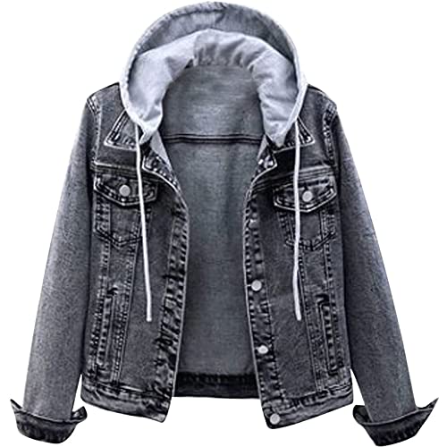 Jeansjacke Mit Kapuze Damen Große Größen: Jeans Jacken Für Damen Oversize Denim-Jacket Langarm Sweatjacke Mit Kordelzug Kapuzenjacke Herbst Übergangsjacke Leichte Sommerjacke Mantel Damen-Jeansjacken von IQYU