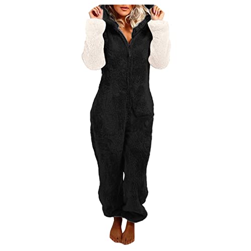 Jumpsuit Damen Kuschelig Weihnachten-Hausanzug Damen Kuschelig Einteiler Schlafanzug Winter Warm Kuschelanzug Teddy-Fleece GanzköRperanzug Flauschig Schlafanzug Einteiler Pyjama Warmer Schlafoverall von IQYU