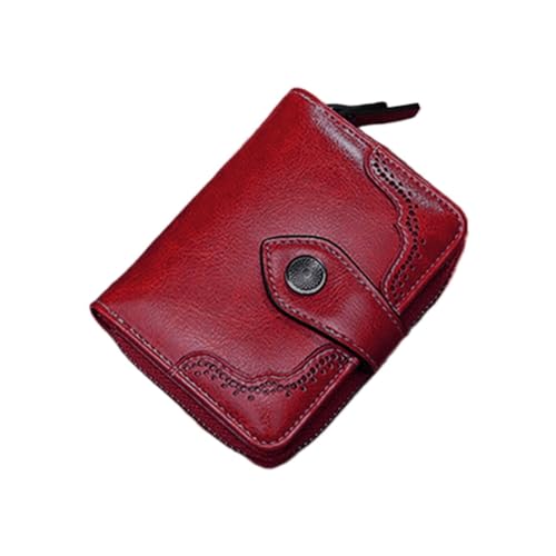 Kleine Geldbörsen Herren Leas Mode Retro Öl gewachstes Kunstleder Damen Kurze Geldbörse Reißverschluss Geldbörse Geldbörse Brieftasche Kartenetui (Red, One Size) von IQYU