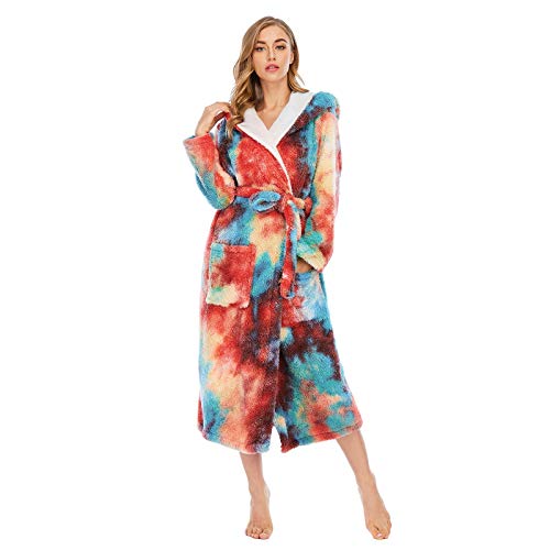 Kurzer Pyjama Damen Double Home Damen-Fleece, dick, Korallenrot, mit Kapuze, Taschen, Tie-Dye-Bademantel, Bunte, lockere Damen-Nachtwäsche Kurz Nachthemd Damen von IQYU