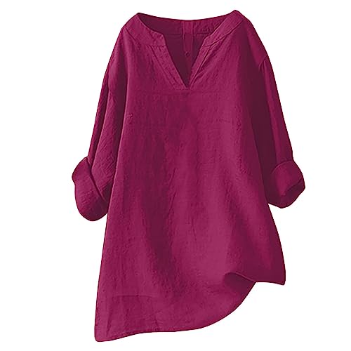 Leinenhemd Damen Langarm: Elegante Oberteile Damen Große Größen - Leinen Tunika Baumwolle Hemd Casual Locker Damen Tops V Ausschnitt Tunika Bequeme Basic Blusen T-Shirts,Longshirt,Musselin Bluse von IQYU