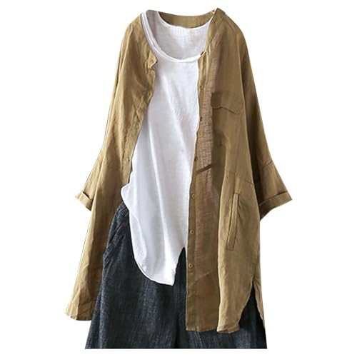 Leinenjacke Damen Sommer Leicht - Musselin Blusenjacke Weiß Leinenbluse Elegant Dünne Sommerjacke Mit Tasche Cardigan Langarmshirt Loose Leinenhemd Oversized Hemdjacke Blusen Oberteile Tops Hemdbluse von IQYU