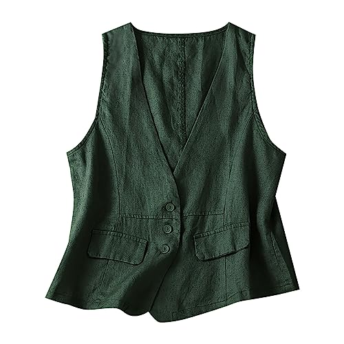 Leinenweste Damen Beige - Damen Weste Sommer Leicht Leinen-Anzugweste Große Größen Old Money Cardigan Damenwesten Vintage Smokingweste Herbst Deckmantel Leinenweste Ärmellose Trachtenweste Jacke von IQYU