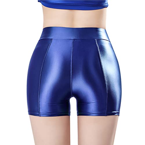 Metallic Hose Damen Kurz Blau: Hotpants Lila Metallic-Shorts High Waist Wet-Look Tanzshorts Elastische Glänzende-Hosen Rave Hot-Shorts Yoga-Leggings Party-Outfits Glitzer-Shorts Pailletten-Shorts von IQYU