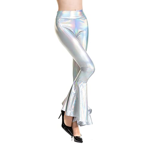 Metallic Leggings Damen Silber - Schlaghose Damen 70Er Glitzer-Hose Schwarz Damen Party Glänzende-Hosen Lang Vintage Tanzhosen Stretch Schlaghosen Pailletten Hose Wide Leg Pants Disco Kunstlederhose von IQYU