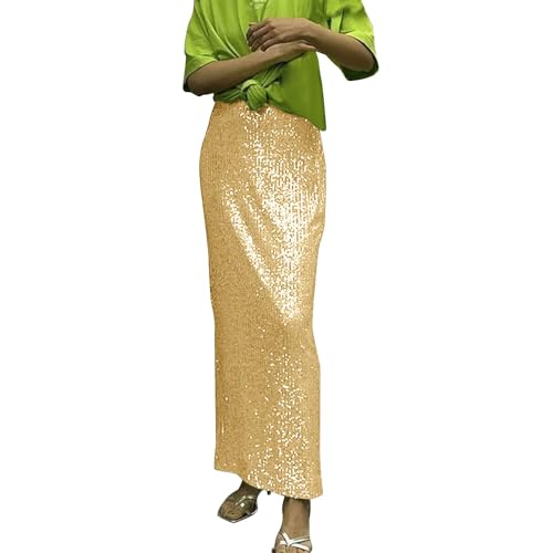 Metallic Rock Damen Gold: Pailletten Rock Schwarz Damen Lang Maxirock-Glitzer-Paillettenrock Lange Röcke Vintage Wickelrock/Glitzerrock Silvester Outfit 2025 Karneval Kostüm Party Club Faltenrock von IQYU