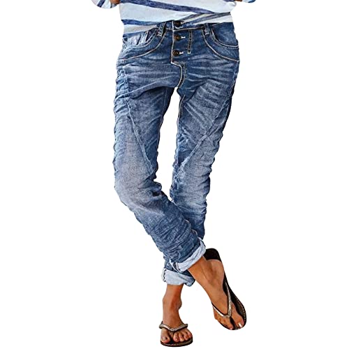 Mom Jeans Damen High Waist Stretch - Jeans Damen 7/8 Länge Weite Beine Capri-Jeans Distressed-Jeans Sommer Leicht-Caprihose Große Größen Freizeithose Baggy Jeans Stretchy Damenjeans Dreiviertel Hose von IQYU