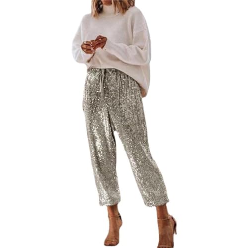 Pailettenhose Damen Gold: Pailletten Hose Damen Silber-Freizeithose Elegant Sommmerhose Baggy Jogginghose Glitzer-Hose Mit Tunnelzug Party-Hosen Disco Mode Pants Vintage Tanzhosen FüR Frauen Yogahose von IQYU