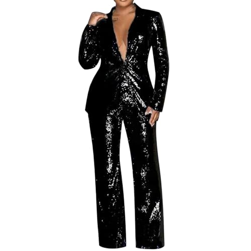 Pailletten-Hosenanzug Damen Festlich Elegant 2 Teilig Hochzeit: Zweiteiler Damen Elegant Festlich Mit Hose Festliche-Hosenanzüge Blazer-Jacke Anzughose Glitzer-Abendanzug Für Hochzeit, Abend, Party von IQYU