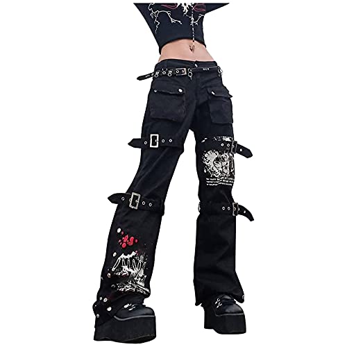 Punk Hose Damen Schwarz - Steampunk Hose, Gothic Hose Damen Mit Schnallen Parachute-Cargohose Straight Leg Pants Grunge-Goth-Hose Harajuku Y2K Hose Teenager Mädchen Y2K Hosen Hip Hop Streetwear von IQYU