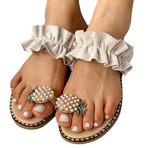 Sandalen Damen Sommer Flach, Flip Flops Damen Badeschuhe Boho-Latschen Zehentrenner Weichem FußBett Hausschuhe Ananas-Perlen RöMersandalen rutschfest Hausschuhe Flip-Flops Badeschlappen von IQYU