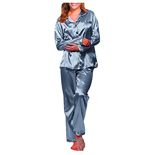 Satin Pyjama Damen Lang Set: Schlafanzug Satin Damen Lang Hausanzug Kuschelig Loungewear Leicht Schlafanzughose Lang Pyjama Hose V-Ausschnitt Seidennachthemd Dünn Nachthemd-Schlafkleid-Kleid von IQYU