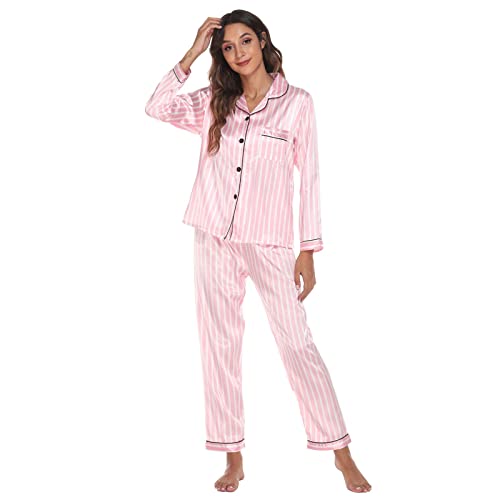 Satin Pyjama Damen Lang Set: Schlafanzug Set Familie Schlafanzughose Lang Hausanzug Kuschelig Loungewear Revers Pyjama Hose Leicht Nachthemd Elegant Seidennachthemd Chlafkleid Atmungsaktiv Kleid von IQYU