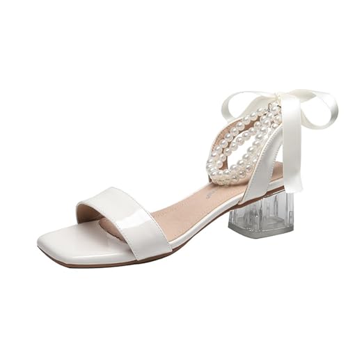 Sommerschuhe Damen Geschlossen, Damen Sandalen Sandals Schleife Perle Sandaletten Offene Zehe Sommerschuhe Chunky Heel Damenschuhe Bequeme Absatzschuhe Große Größe Abendschuhe Schnalle Party-Sandalen von IQYU