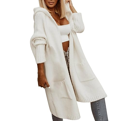 Strickjacke Mit Kapuze Damen Grün - Longstrickjacke Damen Große Größen Strickjacken Mit Taschen Damen-Strickjacke Warm Grobstrickjacke Baumwolle Cardigan Elegant Strickcardigan Winter Strickmantel von IQYU