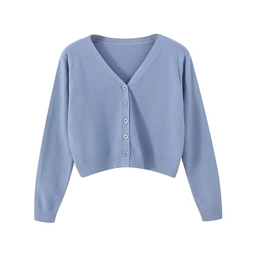 Strickjacken Für Damen Elegant Kurz - Damen V-Ausschnitt Strickweste Casual Strickmantel Solid Langarm Cardigan Vorne Offen Langärmelig Top Mit Knopf Loose Oberteil Herbst Weiche Übergang-Cardigan von IQYU