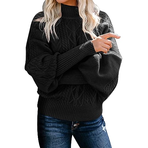 Strickpullover Damen Rollkragen Warm: Rollkragenpullover Damen Schwarz-Grobstrickpullover Oversize Zopfmuster-Pullover Vintage Elegant Damenpullover Langarm Winterpullover Warm Langarmshirt Sweatshirt von IQYU
