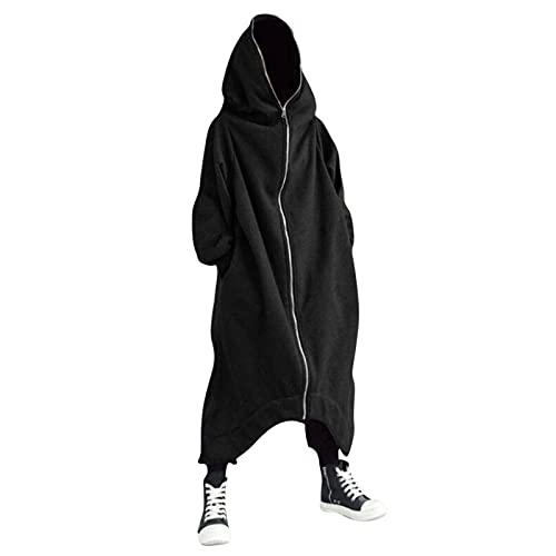 Wintermantel Herren Lang,Men'S Personality Dark Style Long Hooded,Solide Farbe GanzköRper-ReißVerschluss Pullover Jacke,Casual Trenchcoat Herren Lang,Mode Kapuzenjacke Herren Schwarz von IQYU