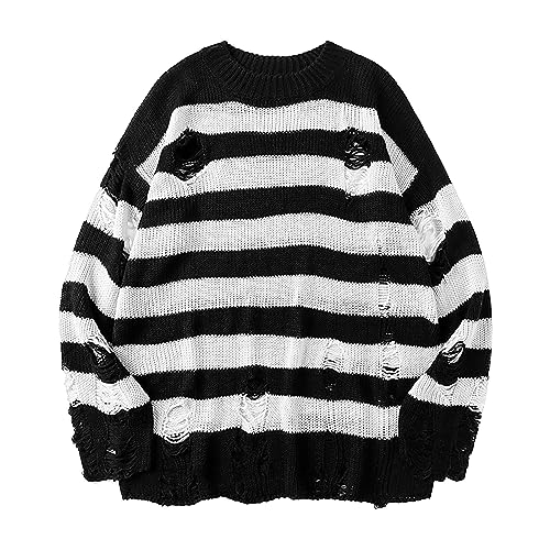 Y2K Sweater Vintage - Grunge Sweater Stripes, Striped Sweater Grunge-Pullover Zerissen-Strickpullover-Löchern-Grobstrickpullover Gothic-Punk Teenager Mädchen Y2K Pulli Herbst Winter Warm Oberteile von IQYU