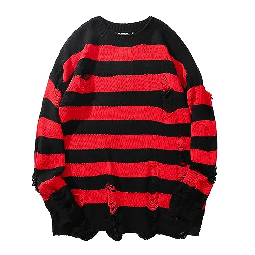 Y2K Sweater Vintage - Grunge Sweater Stripes, Striped Sweater Grunge-Pullover Zerissen-Strickpullover-Löchern-Grobstrickpullover Gothic-Punk Teenager Mädchen Y2K Pulli Herbst Winter Warm Oberteile von IQYU