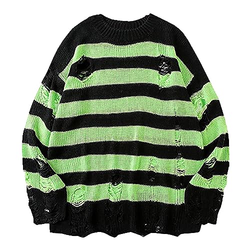 Y2K Sweater Vintage - Grunge Sweater Stripes, Striped Sweater Grunge-Pullover Zerissen-Strickpullover-Löchern-Grobstrickpullover Gothic-Punk Teenager Mädchen Y2K Pulli Herbst Winter Warm Oberteile von IQYU