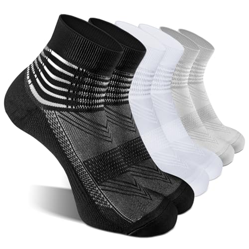 IRAMY Kompressions-Knöchelstützsocken, Lauftrainer, Coolmax, feuchtigkeitsableitend, gepolstert, athletische Linderung bei Plantarfasziitis, für Herren und Damen, Schwarz + Weiß + Grau (3 Packungen von IRAMY
