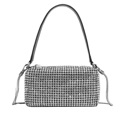 IRFHDCX Mini-Strass-Quadrat-Tasche, Metall-Doppelketten-Umhängetasche, glitzernde Party-Tasche, Diamant-Geldbörse(Silver-01) von IRFHDCX