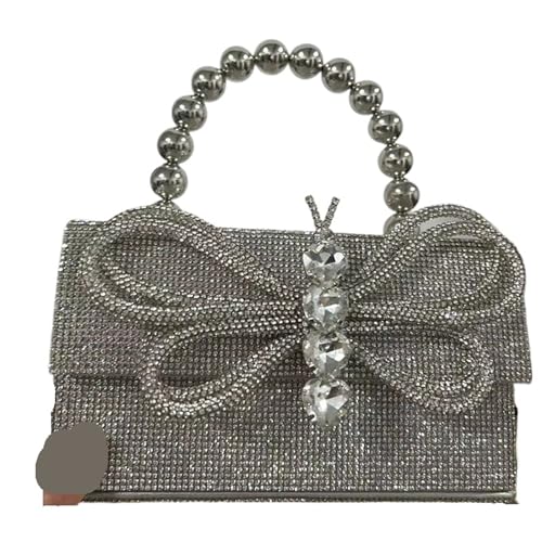 IRFHDCX Mode Diamanten Schleife Box Abendtasche Strass Perlen Frauen Handtaschen Shinny Schulter Umhängetasche Kleine Klappe Geldbörsen(Silver leather Small) von IRFHDCX